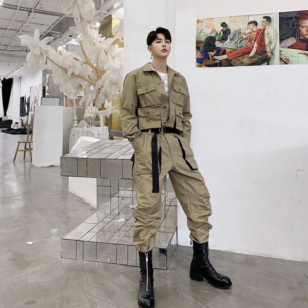 

men high street hip hop casual long sleeve jumpsuit cargo pant male streetwear overalls couple clothes jumpsuit harem trousers, Black