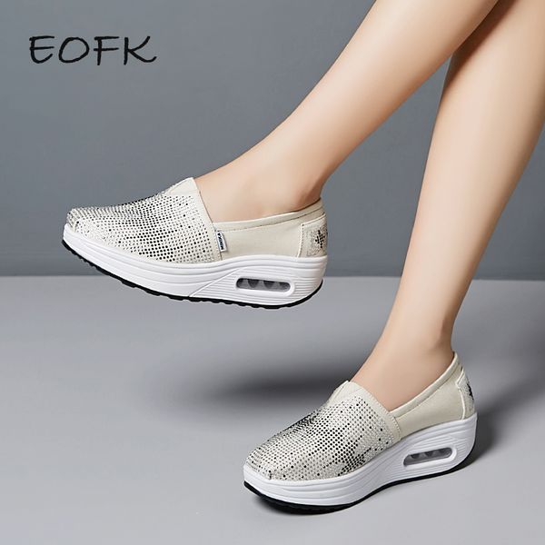

eofk women loafers spring autumn crystal fabric slip on sneakers woman casual loafers women's flats platform shoes, Black