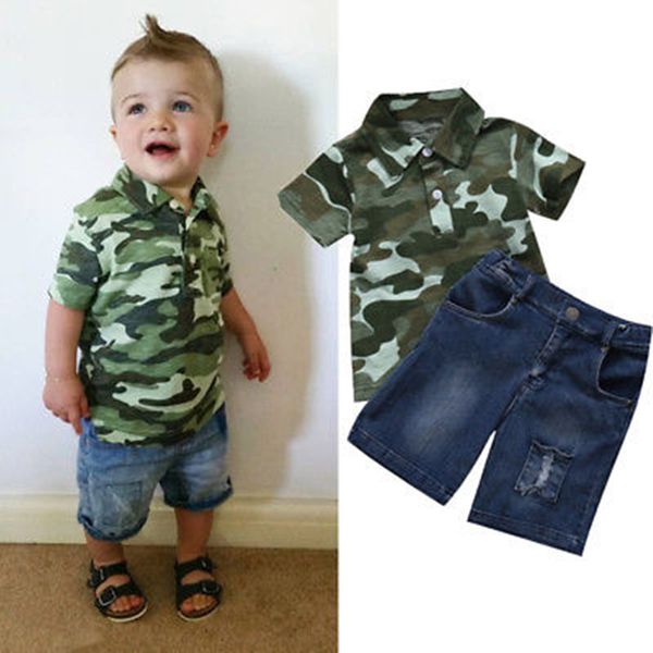

новорожденный малыш младенец малыш детские мальчики одежда лето с коротким рукавом футболка топ джинсовые брюки военная экипировка комплект, White