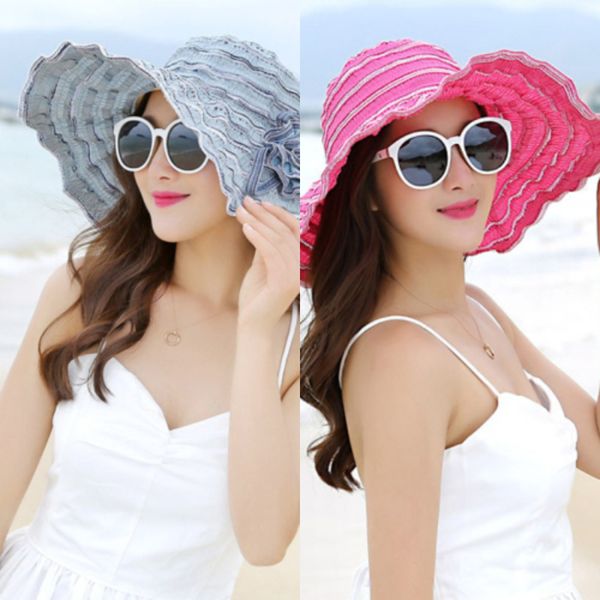 

ht1676 new fashion women hat korea style flower packable large wide brim hat anti-uv adjustable ladies floppy beach sun hat ly191228, Blue;gray