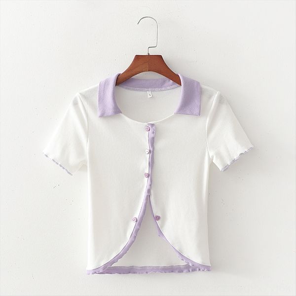 

women's color matching peach heart lapel short sleeve t-shirt t-shirt buttons button button c7389, White