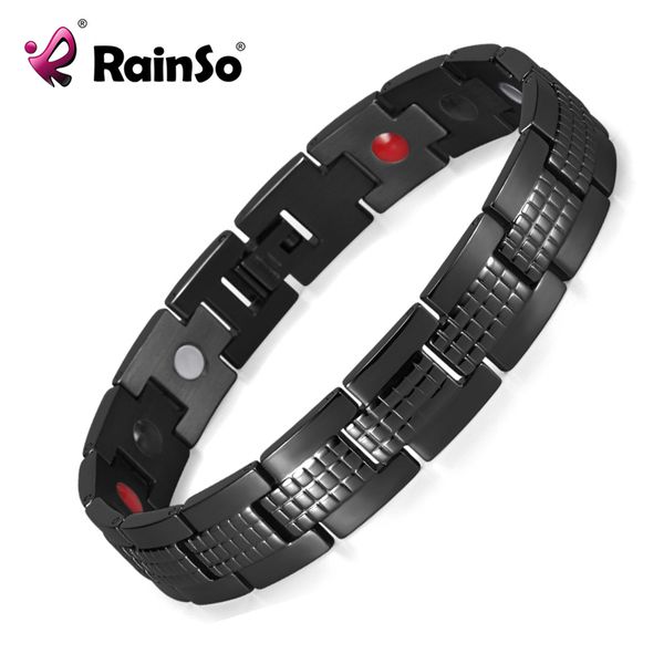 

rainso men's handsome bracelets black grid texture classic style with magnet fir germanium health male stainless steel bracelet, Golden;silver