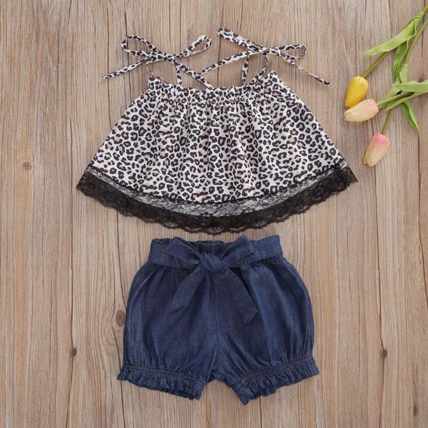 

new baby girls 2 pcs outfit sling leopard pattern lace loose short solid color elastic band pants with removable waist belt, White