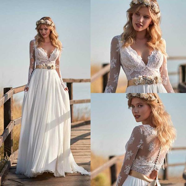 

Vintage Chiffon Long Sleeves Beach Wedding Dresses 2019 V Neck Bridal Gowns A Line Wedding Party Dresses