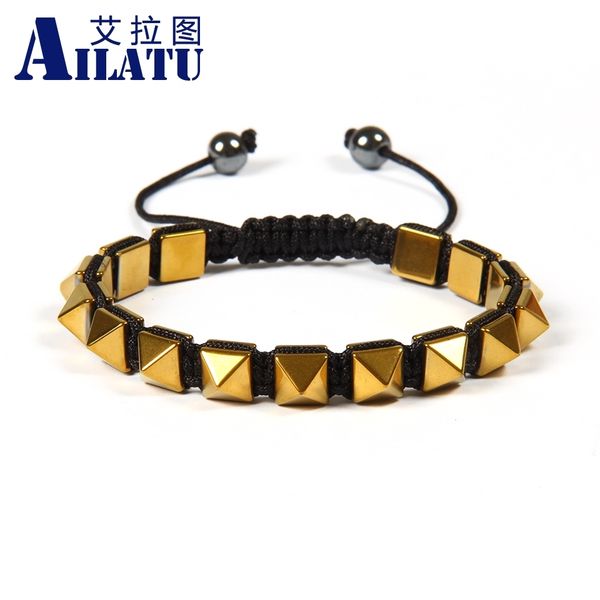 

ailatu brand wholesale 10pcs/lot men's jewelry 8x8mm helmatite stone beads pyramid macrame braiding bracelet for christmas gift, Golden;silver
