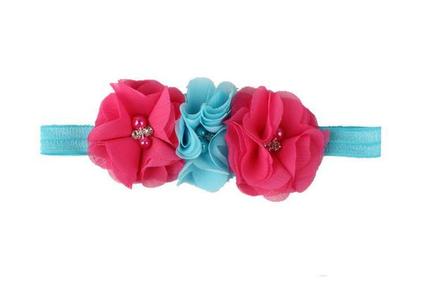 Gril Baby 3 Flowers Hair Bands Pearl Crystal Chiffon Flower