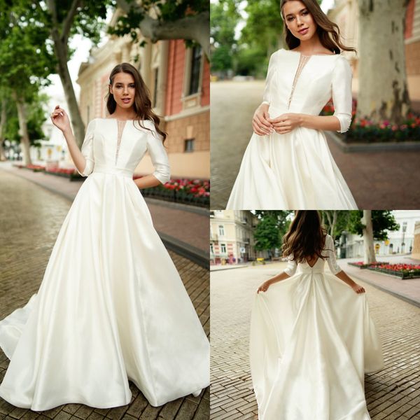 

2020 elegant bohemian wedding dresses scoop neck satin beaded a line country bridal gowns sweep train custom made beach wedding dress, White