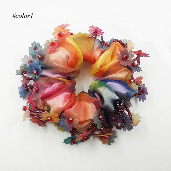 

wholesale 12pcs handmade flower hair scrunchies crystal trim hair bun holder korean ponytail holder rubber band for women