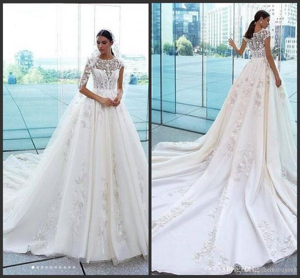 

2019 новое поступление линии атласные с коротким рукавом свадебные платья свадебное платье beach country принцесса свадебное платье abiti da, White