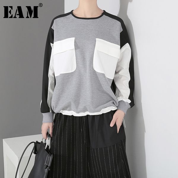 

[eam] 2019 new spring round neck long sleeve black hit color big pocket stitching loose big size sweatshirt women fashion jh367 ly191115