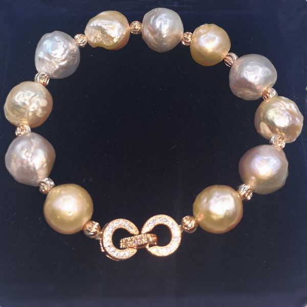 

silver 925 jewelry natural 10-12mm baroque big pearl bracelet fashion rose gold bracelets for women ing, Golden;silver
