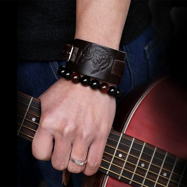 

punk men women wolf wide genuine leather belt bracelet cuff wristband bangle high street cool wolf pu belt bracelet, Golden;silver