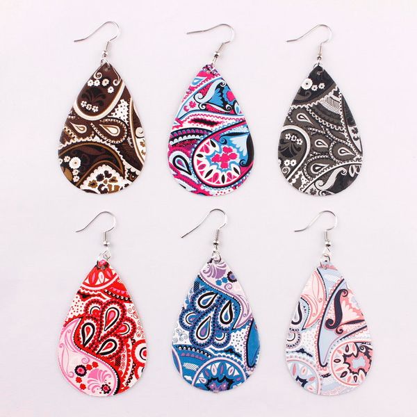 

fashion bohemia jewelry new paisley print teardrop pu leather earrings for women 2019 spring summer big floral leather statement earrings, Silver