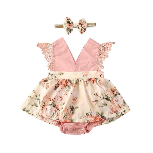

new summer baby girls outfit lace sleeve floral printing romper bow headwear set breathable v-neck jumpsuit with headband, Blue