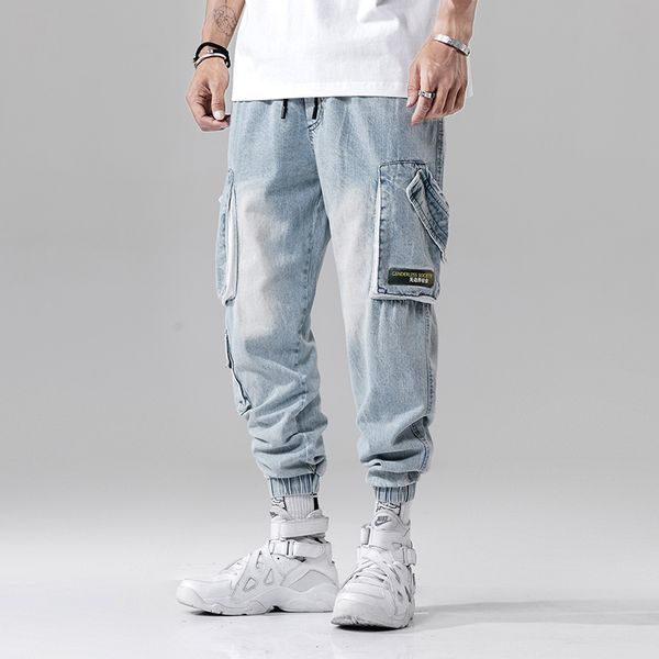 

2019 new autumn street washing process multi-pockets men's jogger jeans fashion casual male pencil style denim jeans streetwear, Blue
