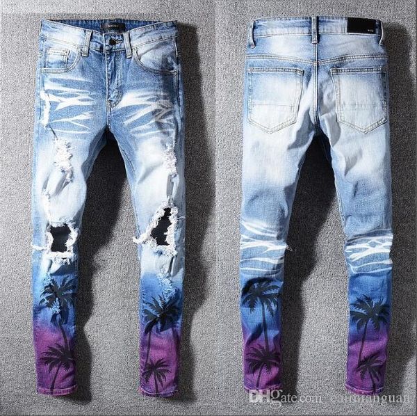 

wholesale classic miri hip hop pants jeans designer pants aquaman mens slim straight biker skinny loophole jeans men women ripped jeans, Blue