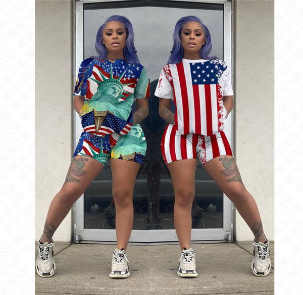 

2020 the american national flag printed women tracksuit short sleeve tees and shorts two piece sports suit brand ladies outfits d61906, Gray