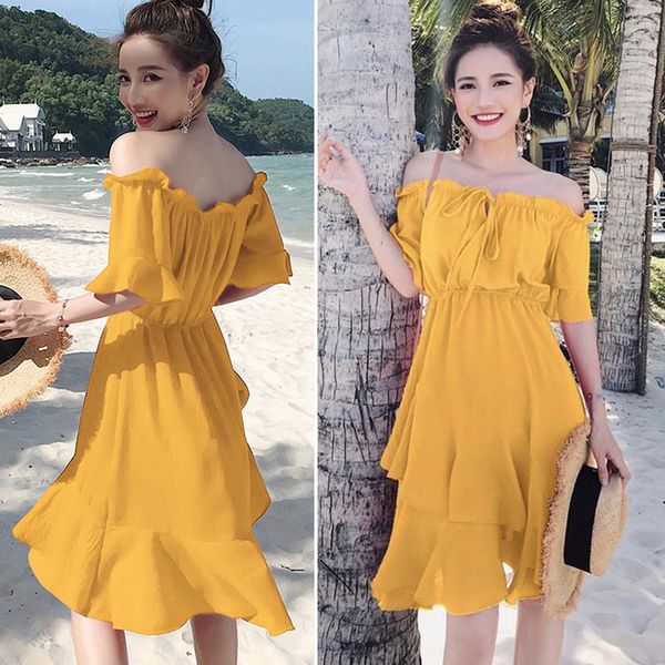 

one shoulder dress female french retro chiffon fairy beach skirt summer seaside comfortable and pretty, White