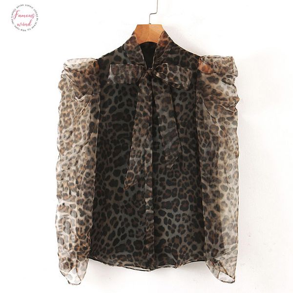 

agong slim transparent tshirts women fashion leopard printed bow women elegant long sleeve tees female ladies jl, White