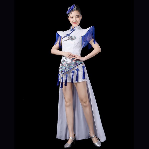 

brand ladies drumming clothing chinese style dance costume water drum fan dance costume waist drum cheongsam adult, Black;red