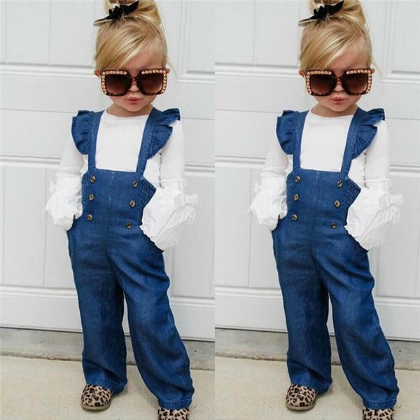 

2019 new children clothing sets autumn girls set white long sleeve t-shirt+strap pants 2pcs girls clothes 2 3 4 5 6 years y200325