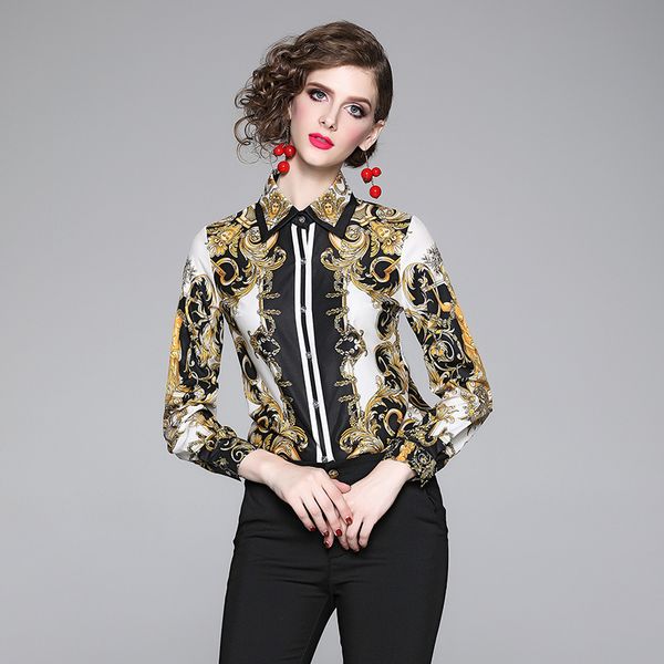 

luxury designer office ladies vintage shirts 2021 fashion long sleeve lapel casual women runway blouses spring autumn winter slim baroque pr, White