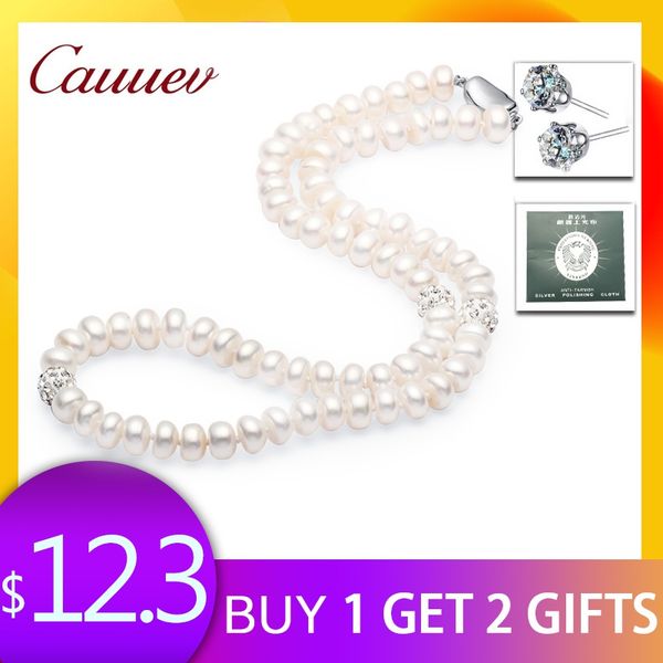 

cauuev 2018 pearl necklace 925 sterling silver jewelry for women 8-9mm crystal ball natural freshwater pearls necklace jewelry