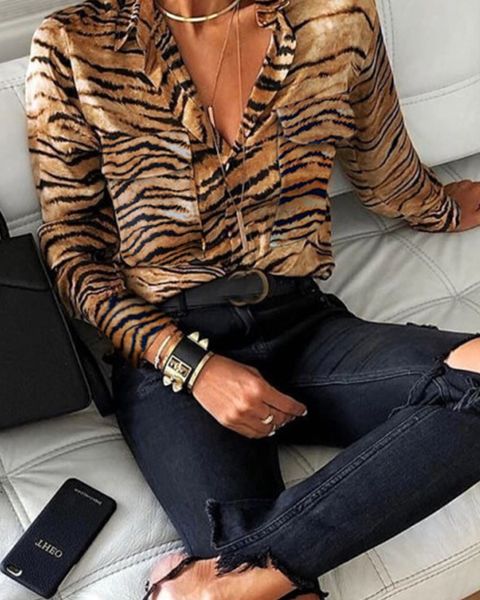 

women leopard print double pocket blouses, White