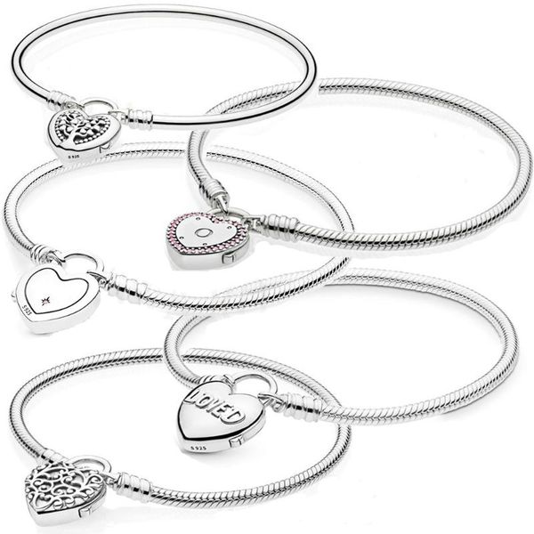 

other bracelets fashion 925 silver pink moments heart padlock snake chain bracelet original women diy charm romantic jewelry gift, Golden;silver