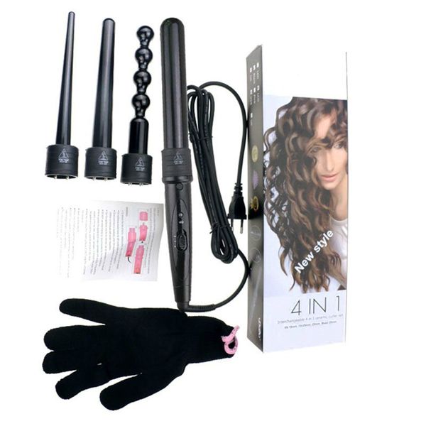 

4p interchangeable hair curler curling iron wand bead wave machine 9-32mm cone conical ceramic styling tool heat resistant glove