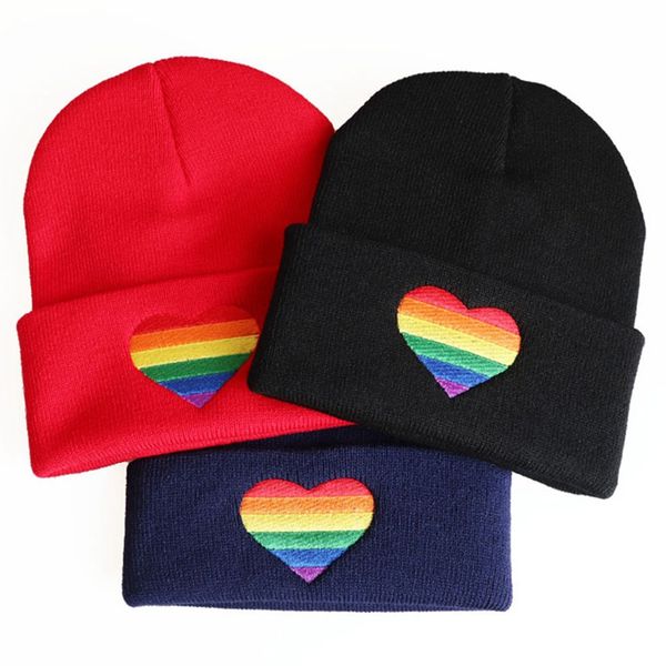 

fashion rainbow love heart embroidery knitted hats beanies hats for men women winter warm black knit cap skullies christmas gift