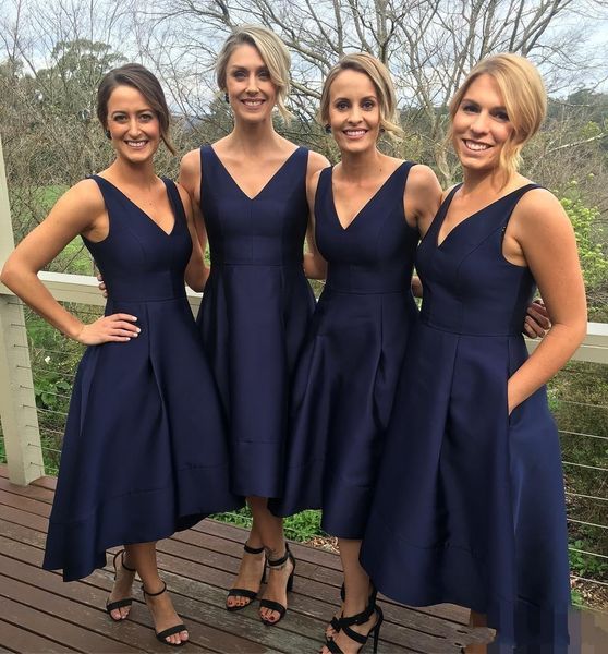 

2019 navy blue short high low bridesmaid dresses with pockets v-neck pleats maid of honor gowns formal junior bridesmaids dress 1032, White;pink