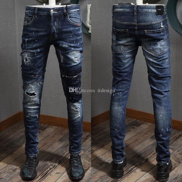 

cool guy jeans italia fashion style color wash effect ripped skinny denim trousers for men, Blue