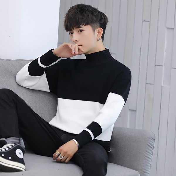 

2018 winter men sweater thicken men's slim half mens turtleneck sweater knit slim long sleeve korean version, White;black