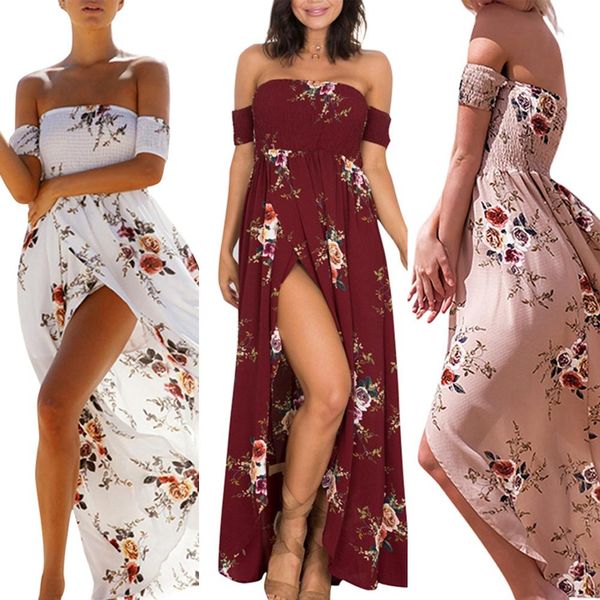 

2019 summer dress women beach floral print dresses off shoulder boho chiffon maxi dress split vestidos de festa drop ship, Black;gray