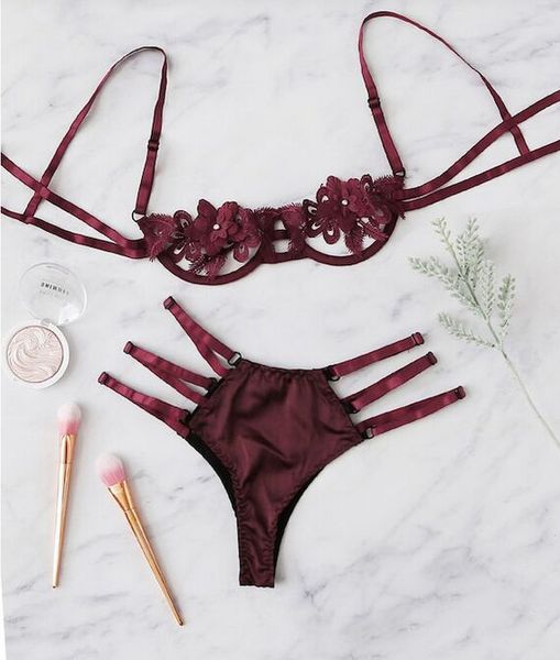 

harness appliques underwire women intimates 2019 black thongs v-string transparent female underwear bra set b4, Red;black