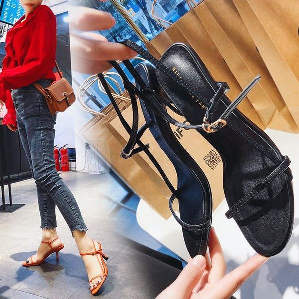 

thin drawstring simple women's korean-style with after empty 2019 summer high-heel online celebrity sandals versatile new style, Black