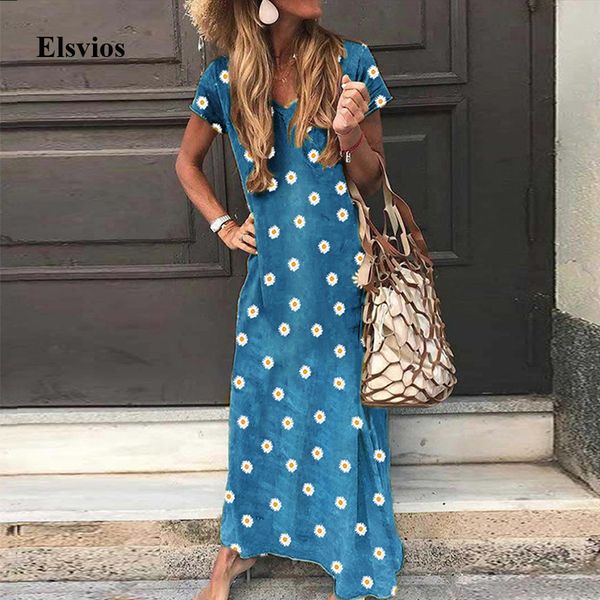 

2020 элегантный daisy printed женщины длинные платья партии лета вскользь короткие рукава платья бич sexy v-образным вырезом boho maxi плать, Black;gray