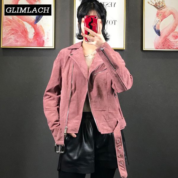 

2019 women autumn winter pigskin suede real leather jacket with belt pink short slim lady fashion matte motorcycle coat outwear, Black