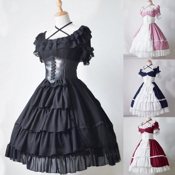 

2019 new vintage dress vestidos fashion women medieval vintage gothic court gown cake skirt lace clashing dress ropa mujer#81, Black;gray