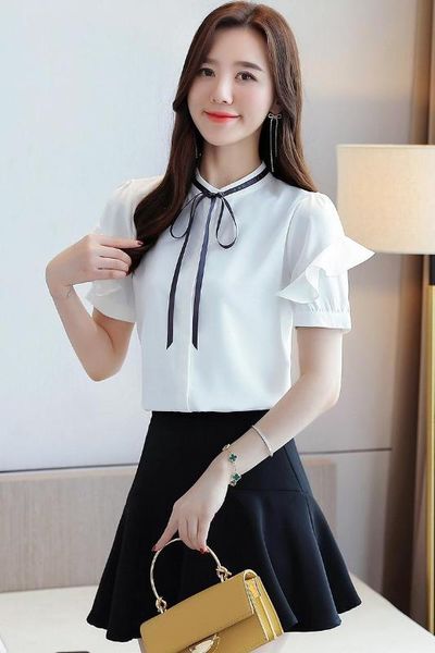 

summer chiffon shirts 2020 women blouses short falbala sleeve graceful charming office elegant lady work shirts, White