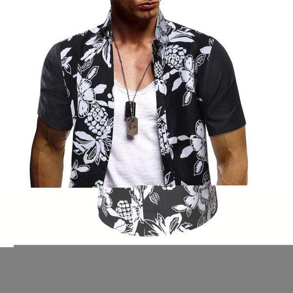 

chamsgend men's shirt polyester men's blouse casual loose short sleeve tropical print patchwork button down shirt top, White;black