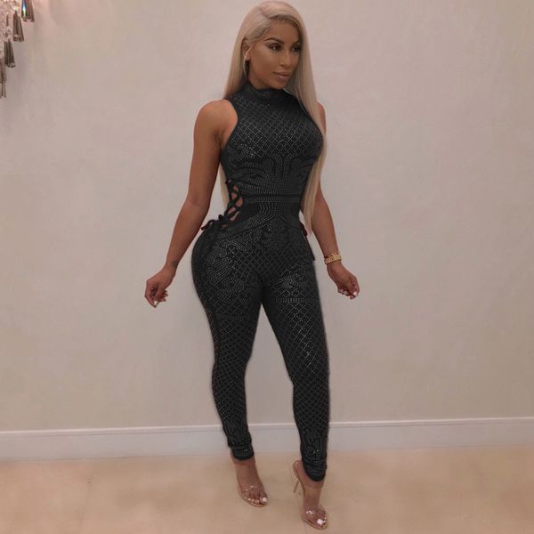 

drill luxury glitter jumpsuit women stand collar sleeveless rompers womens jumpsuit hollow out club bodycon sparkly, Black;white