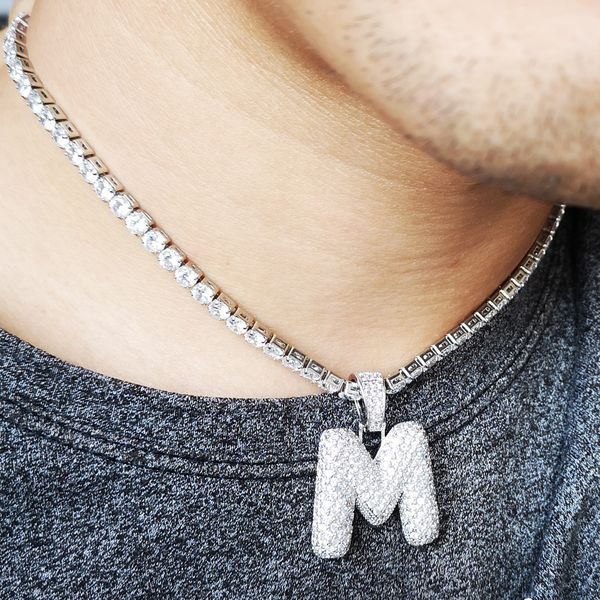 

custom name cz 26 letters necklace & pendant with 5mm tennis chain cubic zircon women men's hip hop jewelry, Silver