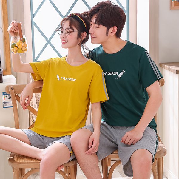 

couple cotton pyjama letter printed short sleeve sleepwear suit pajama set for men women lovers + shorts indoor clothing, Black;red