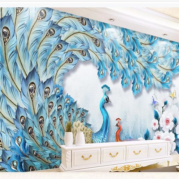 

modern fresh three-dimensional relief 3d peacock love flower open rich wall custom large mural wallpaper