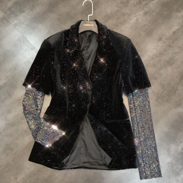 

2019 autumn new net chain rhinestone sleeves stitching bright fan suede suit suit jacket female, White;black