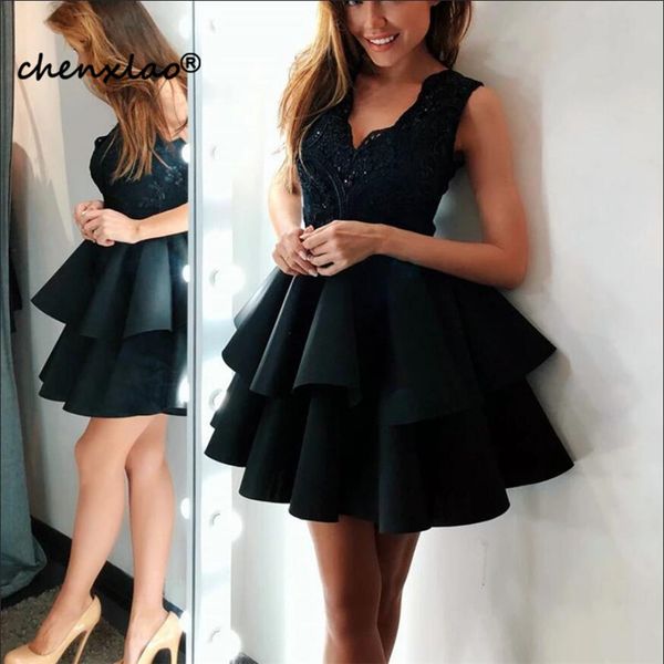 

elegant black homecoming dresses lace v-neck ruffles homecoming dress short party gowns vestidos 2019, White;black