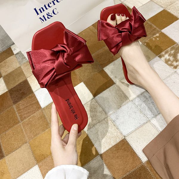 

2020 red silk satin bow slippers woman comfortable low heel summer slides women fashion soft bottom sandals female, Black