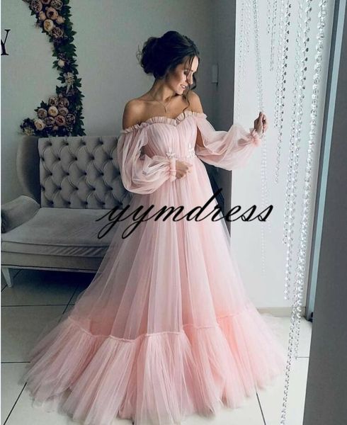 

pink tull prom dresses 2019 off shoulder long sleeve back floor length a line saudi arabia evening gowns vestidos de fiesta, Black